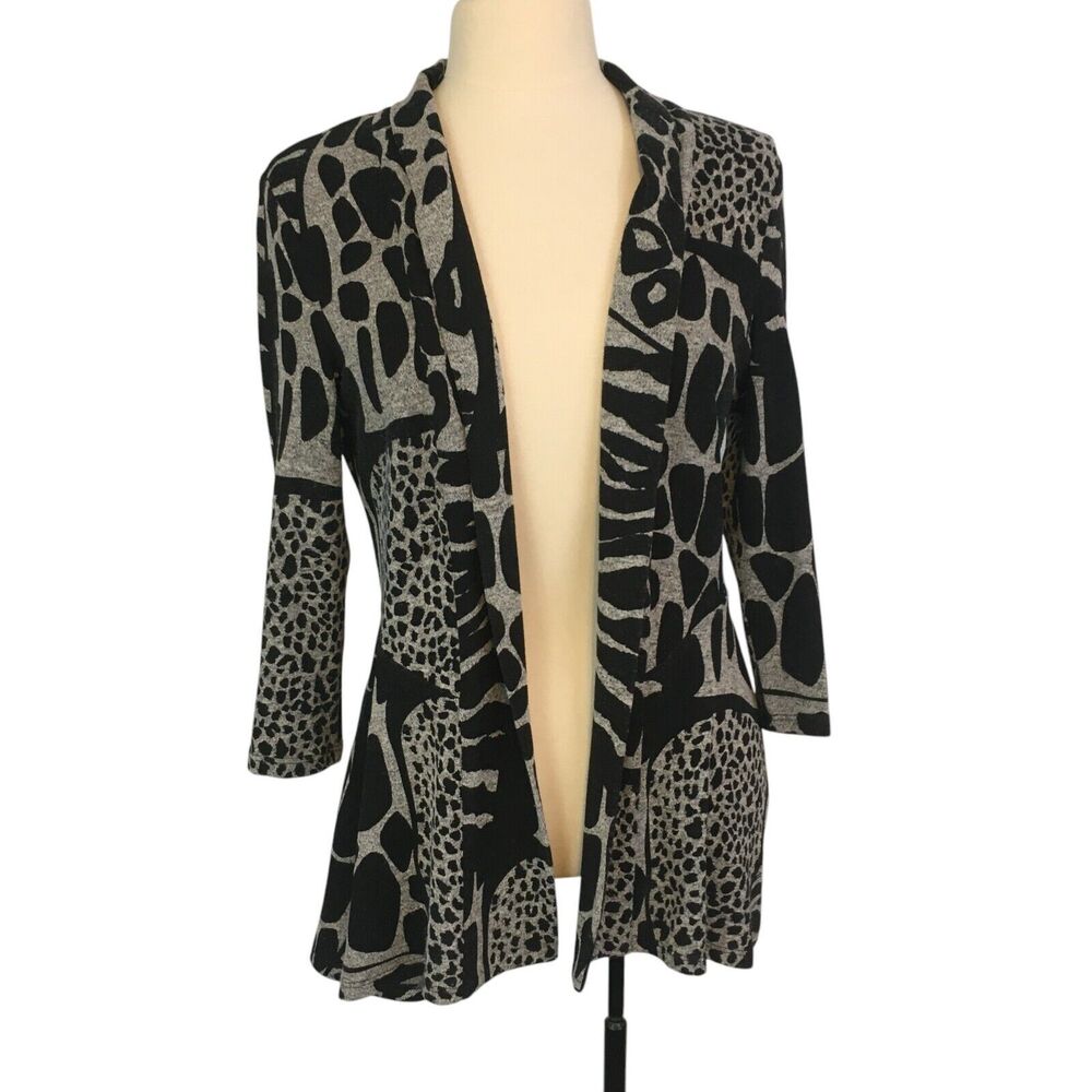 Frank Lyman Womens Black Gray Animal Print Open Front Cardigan Sweater, Size 6